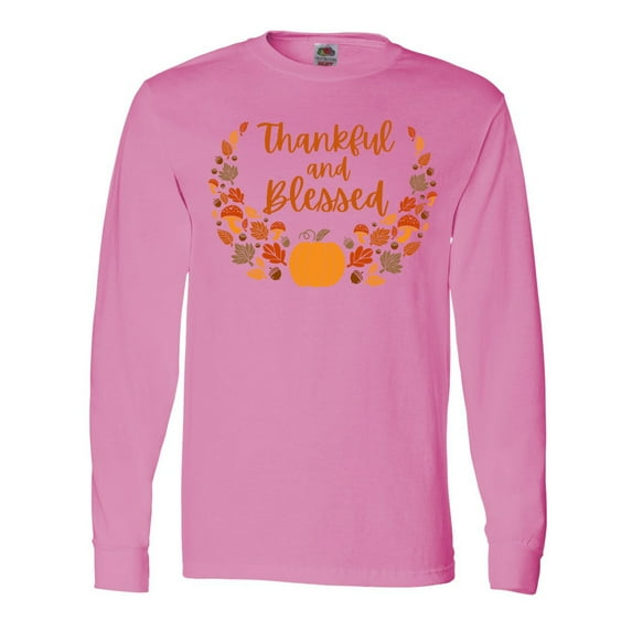 Inktastic Thankful and Blessed Pumpkin and Fall Leaves Long Sleeve T-Shirt