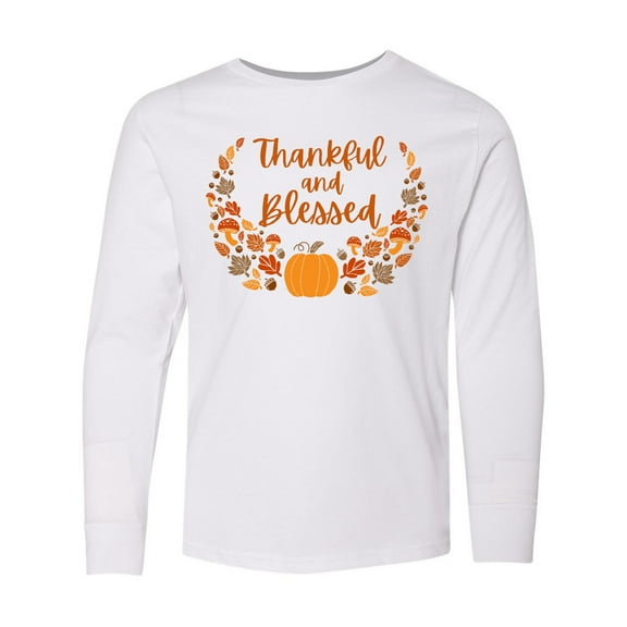 Inktastic Thankful and Blessed Pumpkin and Fall Leaves Long Sleeve Youth T-Shirt