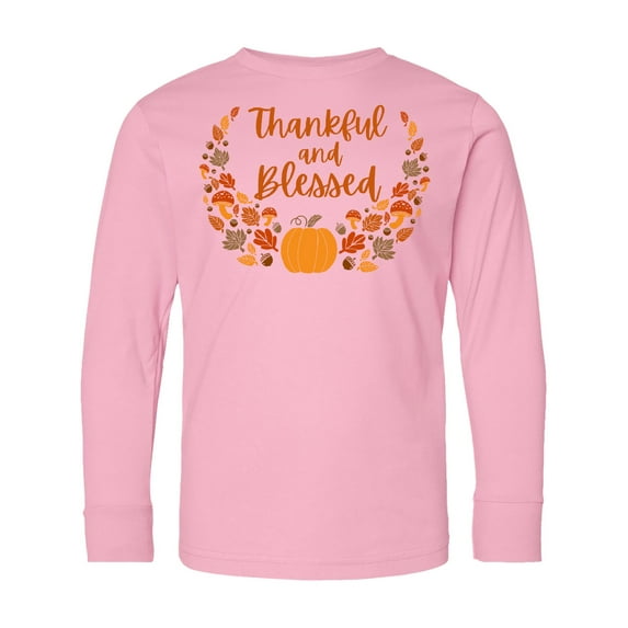 Inktastic Thankful and Blessed Pumpkin and Fall Leaves Long Sleeve Youth T-Shirt