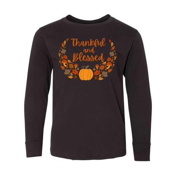 Inktastic Thankful and Blessed Pumpkin and Fall Leaves Long Sleeve Youth T-Shirt