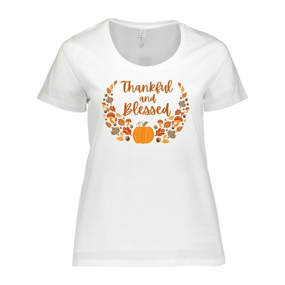 Inktastic Thankful and Blessed Pumpkin and Fall Leaves Women's Plus Size T-Shirt