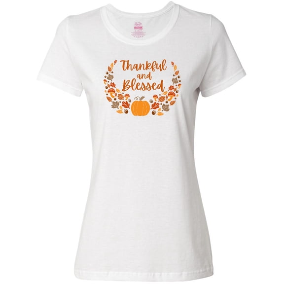 Inktastic Thankful and Blessed Pumpkin and Fall Leaves Women's T-Shirt