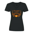 thumbnail image 1 of Inktastic Thankful and Blessed Pumpkin and Fall Leaves Women's V-Neck T-Shirt, 1 of 5