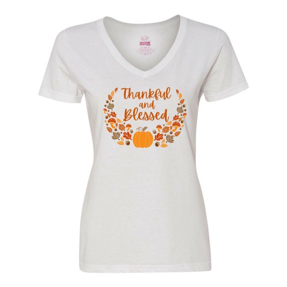 Inktastic Thankful and Blessed Pumpkin and Fall Leaves Women's V-Neck T-Shirt