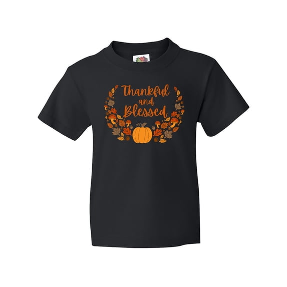 Inktastic Thankful and Blessed Pumpkin and Fall Leaves Youth T-Shirt