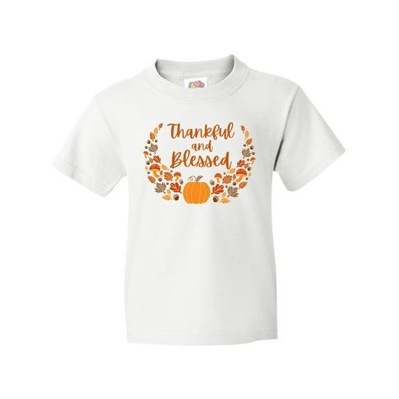 Inktastic Thankful and Blessed Pumpkin and Fall Leaves Youth T-Shirt