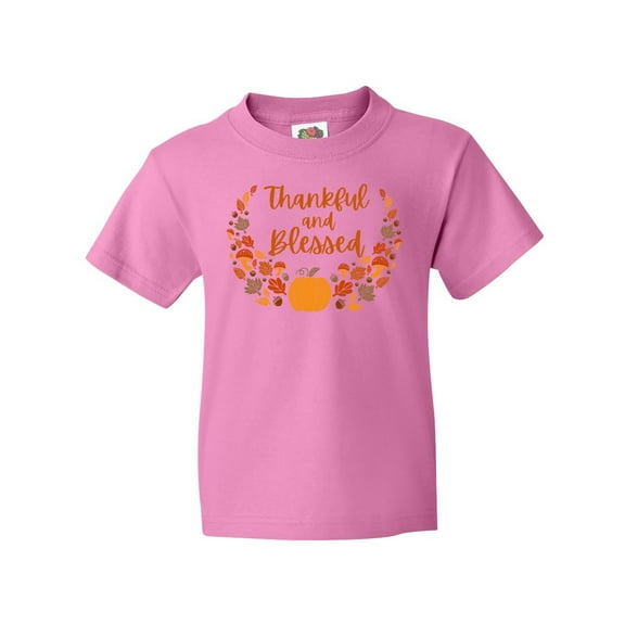Inktastic Thankful and Blessed Pumpkin and Fall Leaves Youth T-Shirt