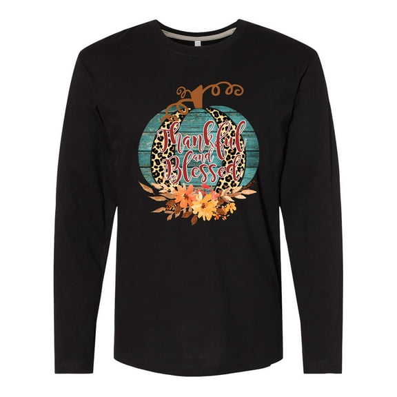 Inktastic Thankful and Blessed Teal Cheetah Pumpkin Long Sleeve T-Shirt