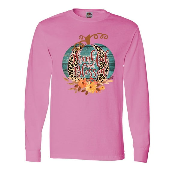 Inktastic Thankful and Blessed Teal Cheetah Pumpkin Long Sleeve T-Shirt