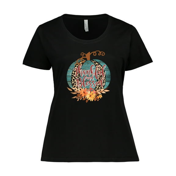 Inktastic Thankful and Blessed Teal Cheetah Pumpkin Women's Plus Size T-Shirt