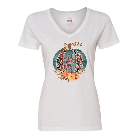 Inktastic Thankful and Blessed Teal Cheetah Pumpkin Women's V-Neck T-Shirt