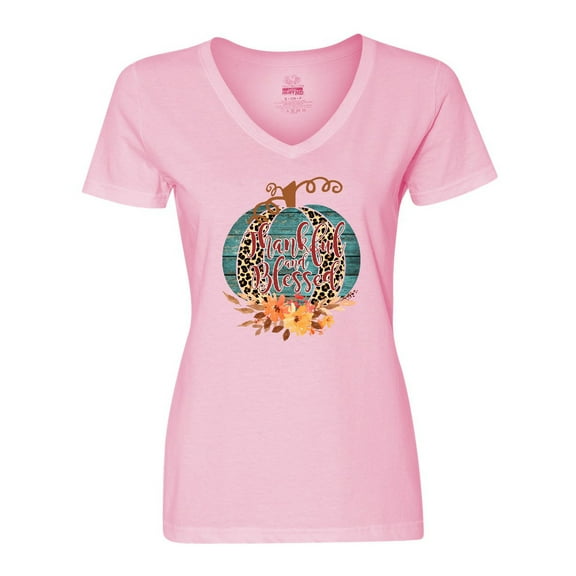 Inktastic Thankful and Blessed Teal Cheetah Pumpkin Women's V-Neck T-Shirt