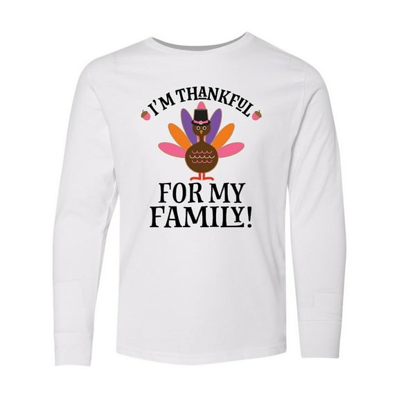 Inktastic Thanksgiving Girl Turkey Thankful for Family Long Sleeve Youth T-Shirt