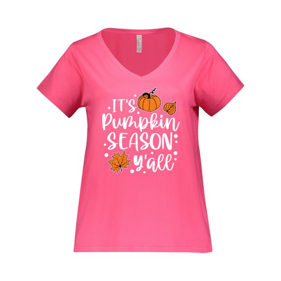 Inktastic Thanksgiving It's Pumpkin Season Y'all with Fall Leaves Women's Plus Size V-Neck T-Shirt
