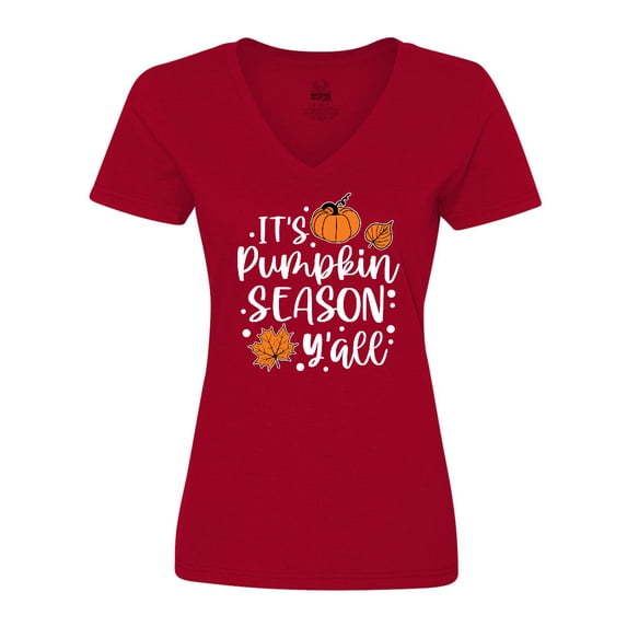Inktastic Thanksgiving It's Pumpkin Season Y'all with Fall Leaves Women's V-Neck T-Shirt