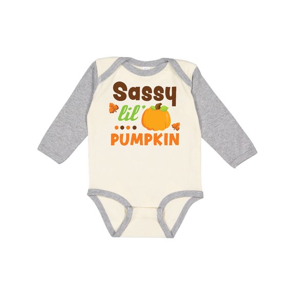Inktastic Thanksgiving Sassy Lil Pumpkin with Fall Leaves Girls Long Sleeve Baby Bodysuit