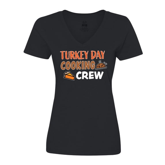 Inktastic Thanksgiving Turkey Day Cooking Crew with Turkey and Pumpkin Pie Women's V-Neck T-Shirt