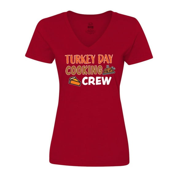 Inktastic Thanksgiving Turkey Day Cooking Crew with Turkey and Pumpkin Pie Women's V-Neck T-Shirt