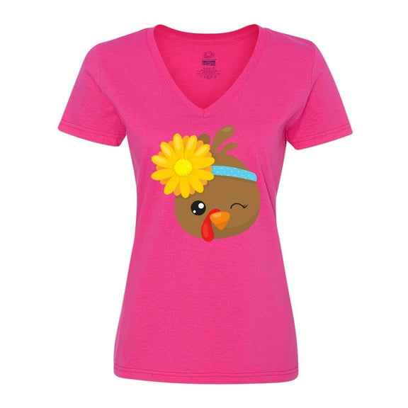 Inktastic Thanksgiving Turkey, Turkey With Sunflower Women's V-Neck T-Shirt