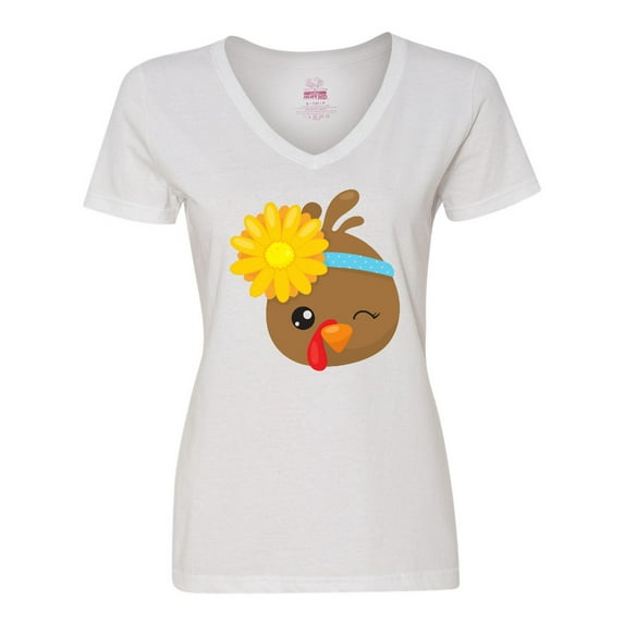 Inktastic Thanksgiving Turkey, Turkey With Sunflower Women's V-Neck T-Shirt