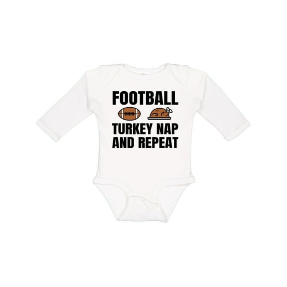 Inktastic Thanskgiving Football Turkey Nap and Repeat Boys or Girls Long Sleeve Baby Bodysuit
