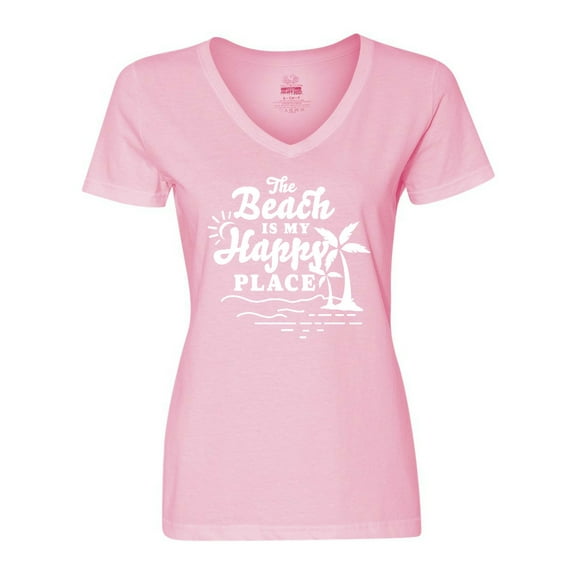 Inktastic The Beach is My Happy Place with Palm Trees Women's V-Neck T-Shirt
