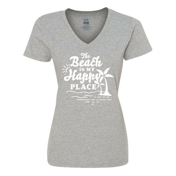 Inktastic The Beach is My Happy Place with Palm Trees Women's V-Neck T-Shirt