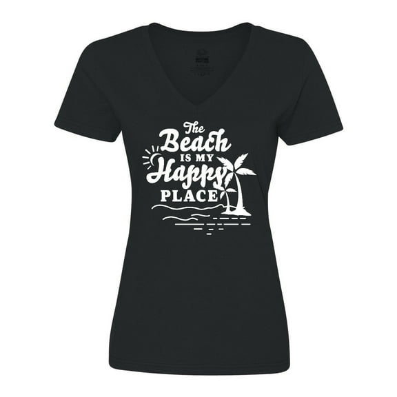 Inktastic The Beach is My Happy Place with Palm Trees Women's V-Neck T-Shirt