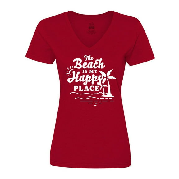 Inktastic The Beach is My Happy Place with Palm Trees Women's V-Neck T-Shirt