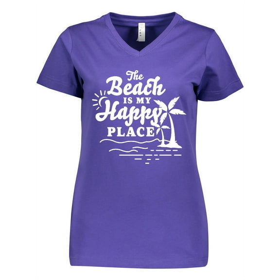 Inktastic The Beach is My Happy Place with Palm Trees Women's V-Neck T-Shirt