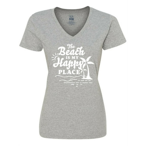 Inktastic The Beach is My Happy Place with Palm Trees Women's V-Neck T-Shirt