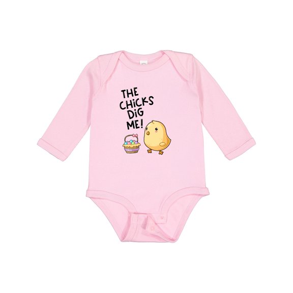 Inktastic The Chicks Dig Me Easter Baby Chick with Basket and Eggs Boys or Girls Long Sleeve Baby Bodysuit