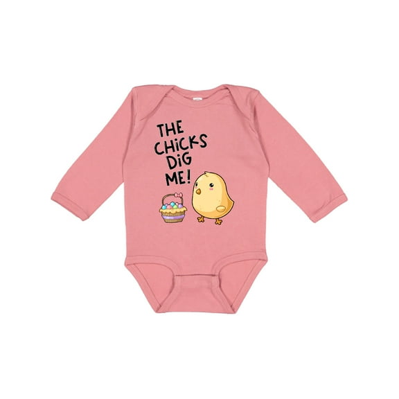 Inktastic The Chicks Dig Me Easter Baby Chick with Basket and Eggs Boys or Girls Long Sleeve Baby Bodysuit
