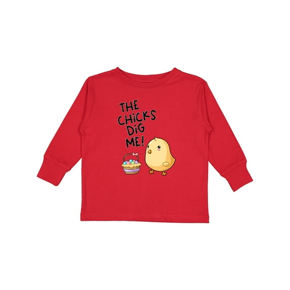 Inktastic The Chicks Dig Me Easter Baby Chick with Basket and Eggs Boys or Girls Long Sleeve Toddler T-Shirt