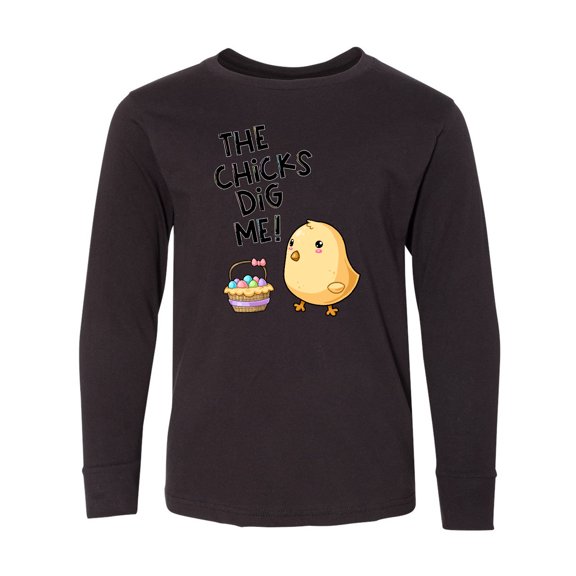Inktastic The Chicks Dig Me Easter Baby Chick with Basket and Eggs Long Sleeve Youth T-Shirt
