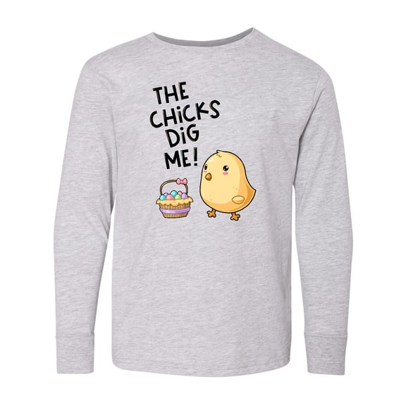 Inktastic The Chicks Dig Me Easter Baby Chick with Basket and Eggs Long Sleeve Youth T-Shirt
