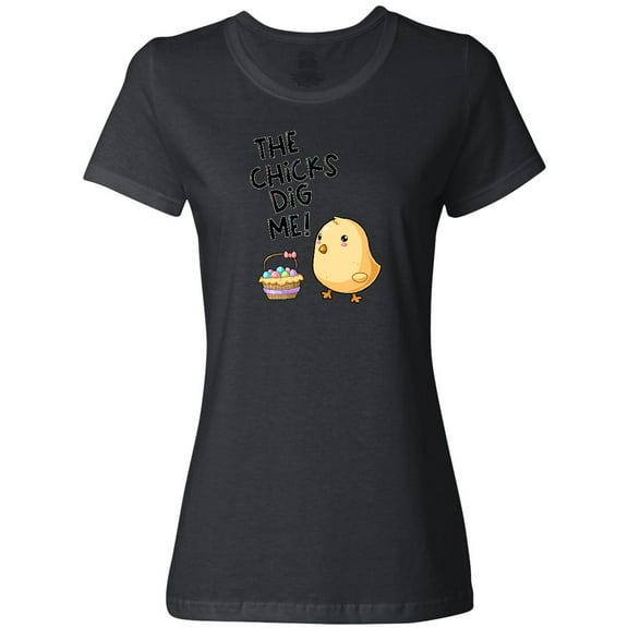 Inktastic The Chicks Dig Me Easter Baby Chick with Basket and Eggs Women's T-Shirt