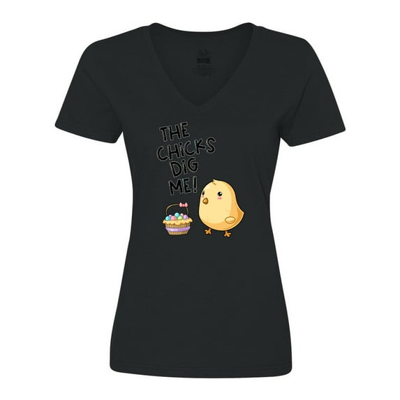 Inktastic The Chicks Dig Me Easter Baby Chick with Basket and Eggs Women's V-Neck T-Shirt