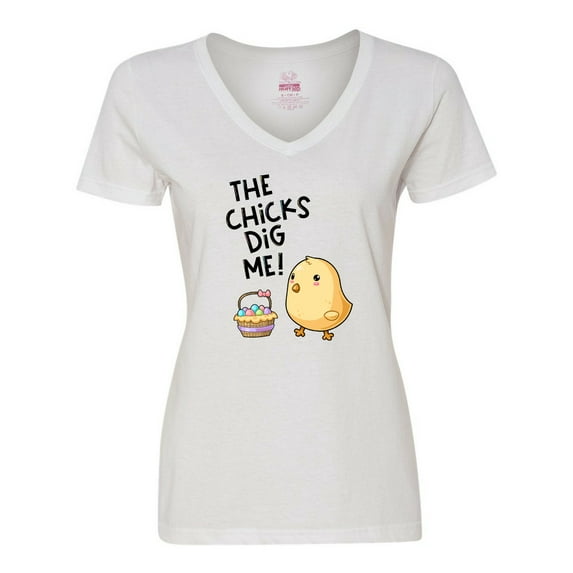 Inktastic The Chicks Dig Me Easter Baby Chick with Basket and Eggs Women's V-Neck T-Shirt