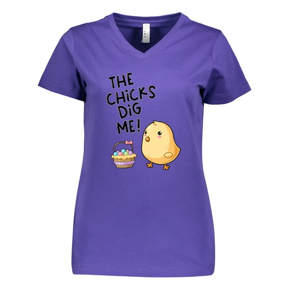 Inktastic The Chicks Dig Me Easter Baby Chick with Basket and Eggs Women's V-Neck T-Shirt