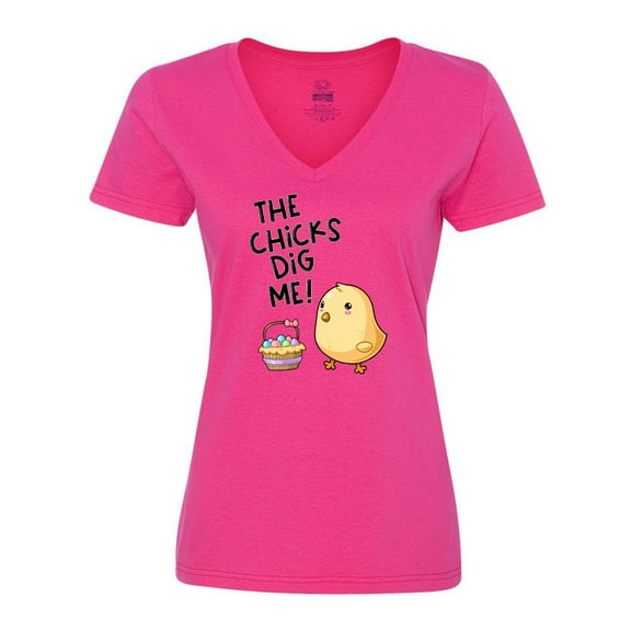 Inktastic The Chicks Dig Me Easter Baby Chick with Basket and Eggs Women's V-Neck T-Shirt