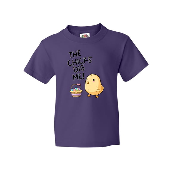 Inktastic The Chicks Dig Me Easter Baby Chick with Basket and Eggs Youth T-Shirt