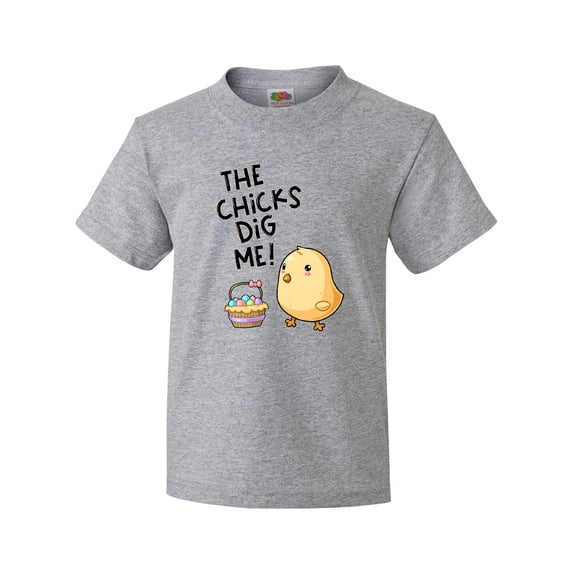 Inktastic The Chicks Dig Me Easter Baby Chick with Basket and Eggs Youth T-Shirt