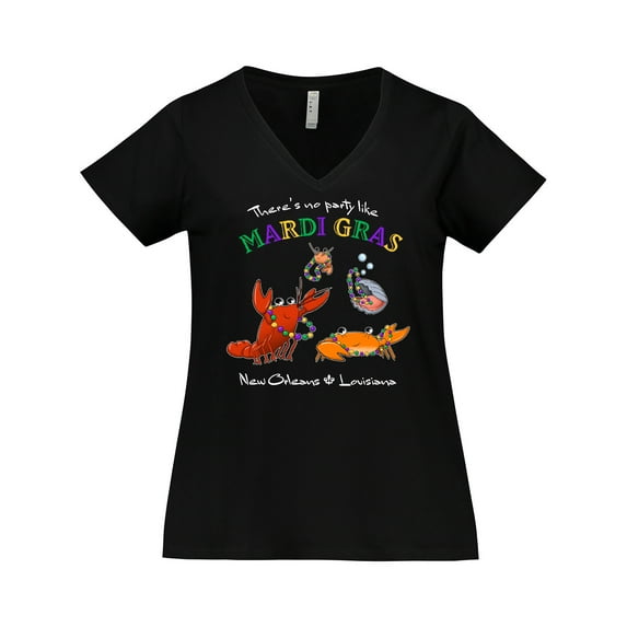 Inktastic There's No Party Like Mardi Gras With Partying Seafood Women's Plus Size V-Neck T-Shirt