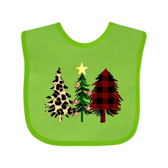 Inktastic Three Christmas Trees in Plaid and Leopard Print Boys or Girls Baby Bib