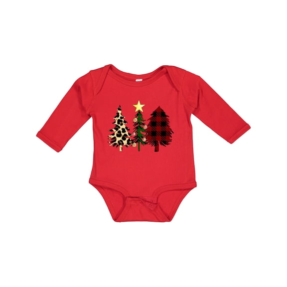 Inktastic Three Christmas Trees in Plaid and Leopard Print Boys or Girls Long Sleeve Baby Bodysuit