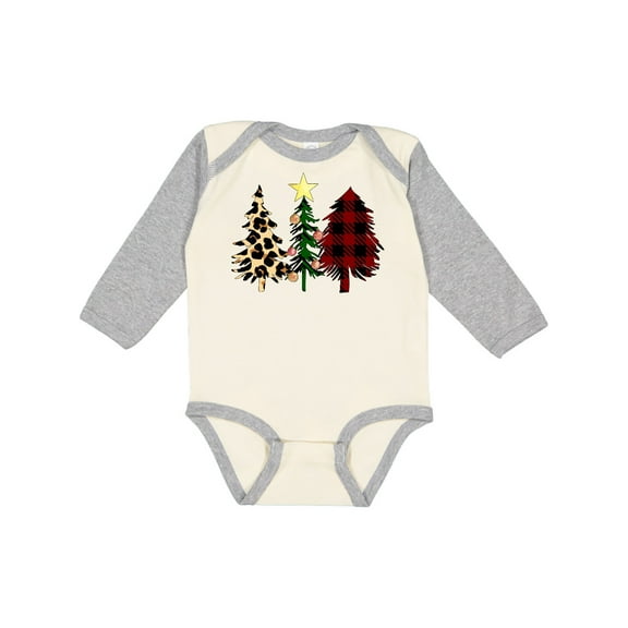Inktastic Three Christmas Trees in Plaid and Leopard Print Boys or Girls Long Sleeve Baby Bodysuit