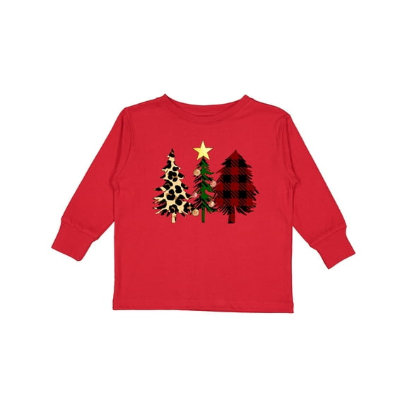 Inktastic Three Christmas Trees in Plaid and Leopard Print Boys or Girls Long Sleeve Toddler T-Shirt
