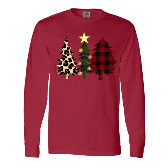 Inktastic Three Christmas Trees in Plaid and Leopard Print Long Sleeve T-Shirt