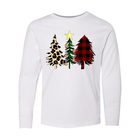 Inktastic Three Christmas Trees in Plaid and Leopard Print Long Sleeve Youth T-Shirt